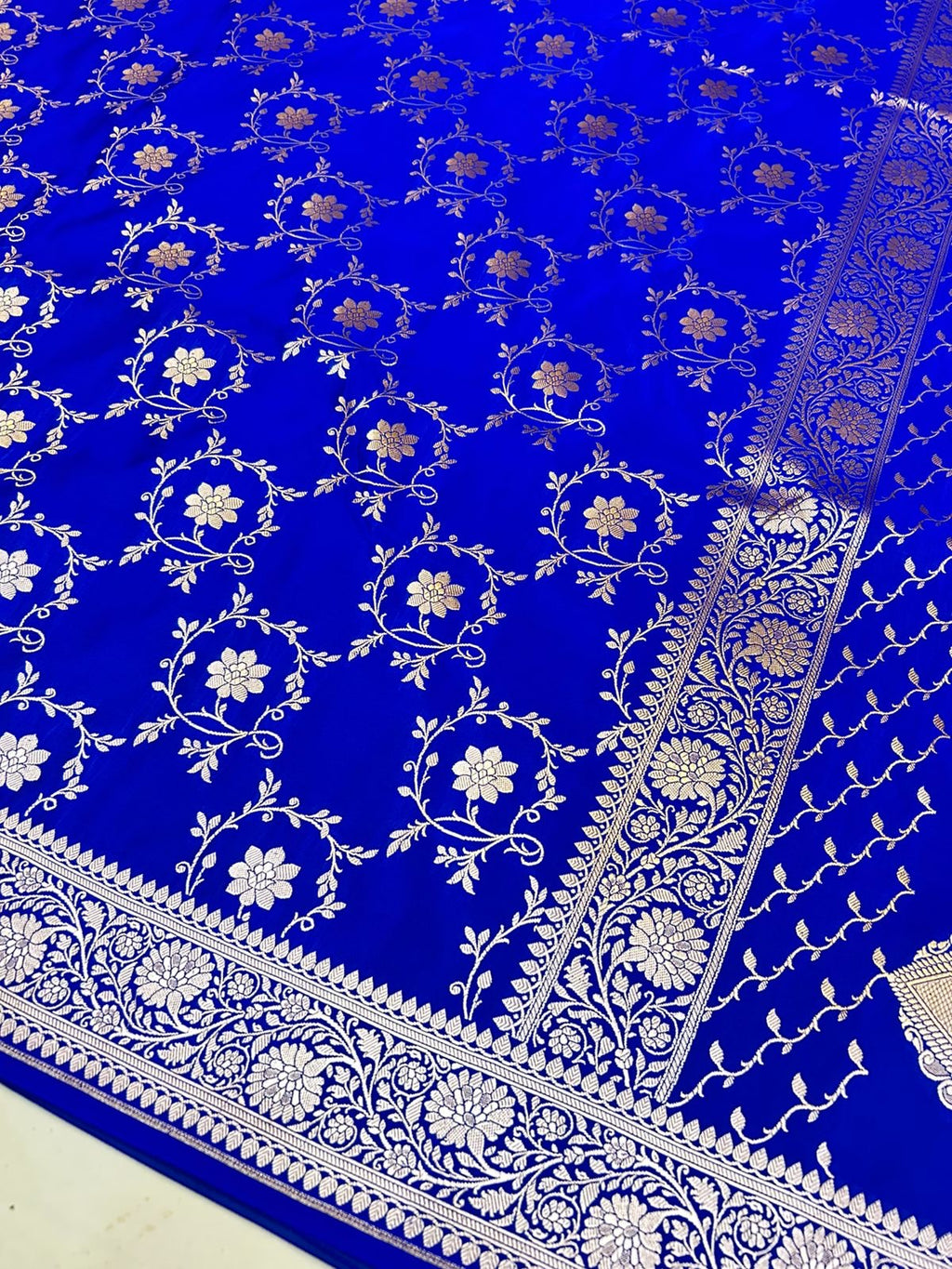 Royal Elegant Blue Mashroo Katan Silk Saree with Silver Zari Floral Jaal & Rich Border