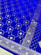 Royal Elegant Blue Mashroo Katan Silk Saree with Silver Zari Floral Jaal & Rich Border