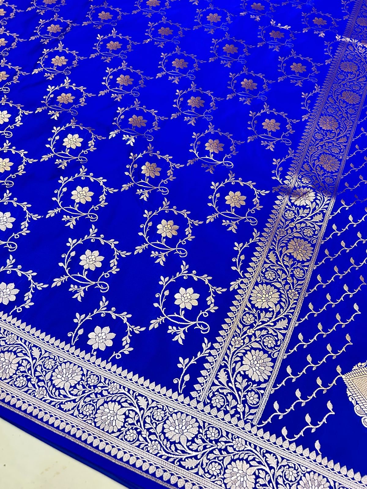 Royal Elegant Blue Mashroo Katan Silk Saree with Silver Zari Floral Jaal & Rich Border