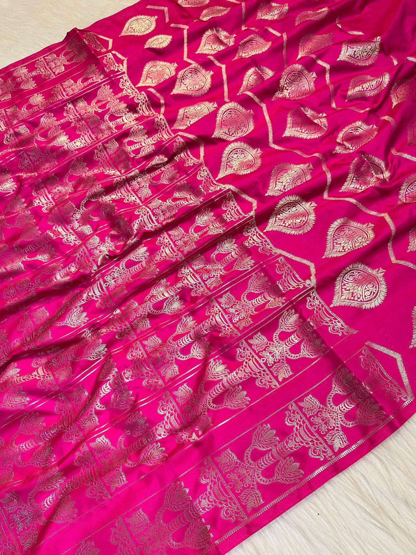 Pink Banarasi Katan Semi Silk Saree with Golden Zari Weaving