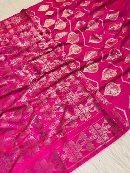 Pink Banarasi Katan Semi Silk Saree with Golden Zari Weaving