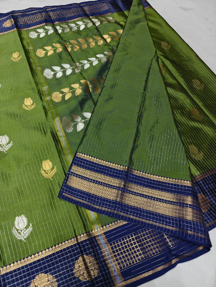 Premium Green Floral Zari Banarasi Katan Silk Saree with Royal Blue Border