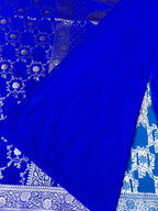Royal Elegant Blue Mashroo Katan Silk Saree with Silver Zari Floral Jaal & Rich Border