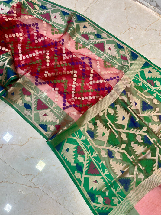 Resham Dakai Banarasi Soft Silk Meena Saree – Dual Tone Red-Green with Grand Pallu