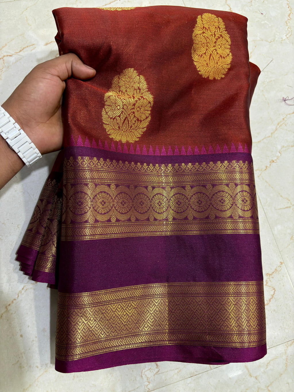 Royal Maroon Semi Katan Silk Banarasi Saree with Purple Border & Rich Zari Buti | Wedding Wear