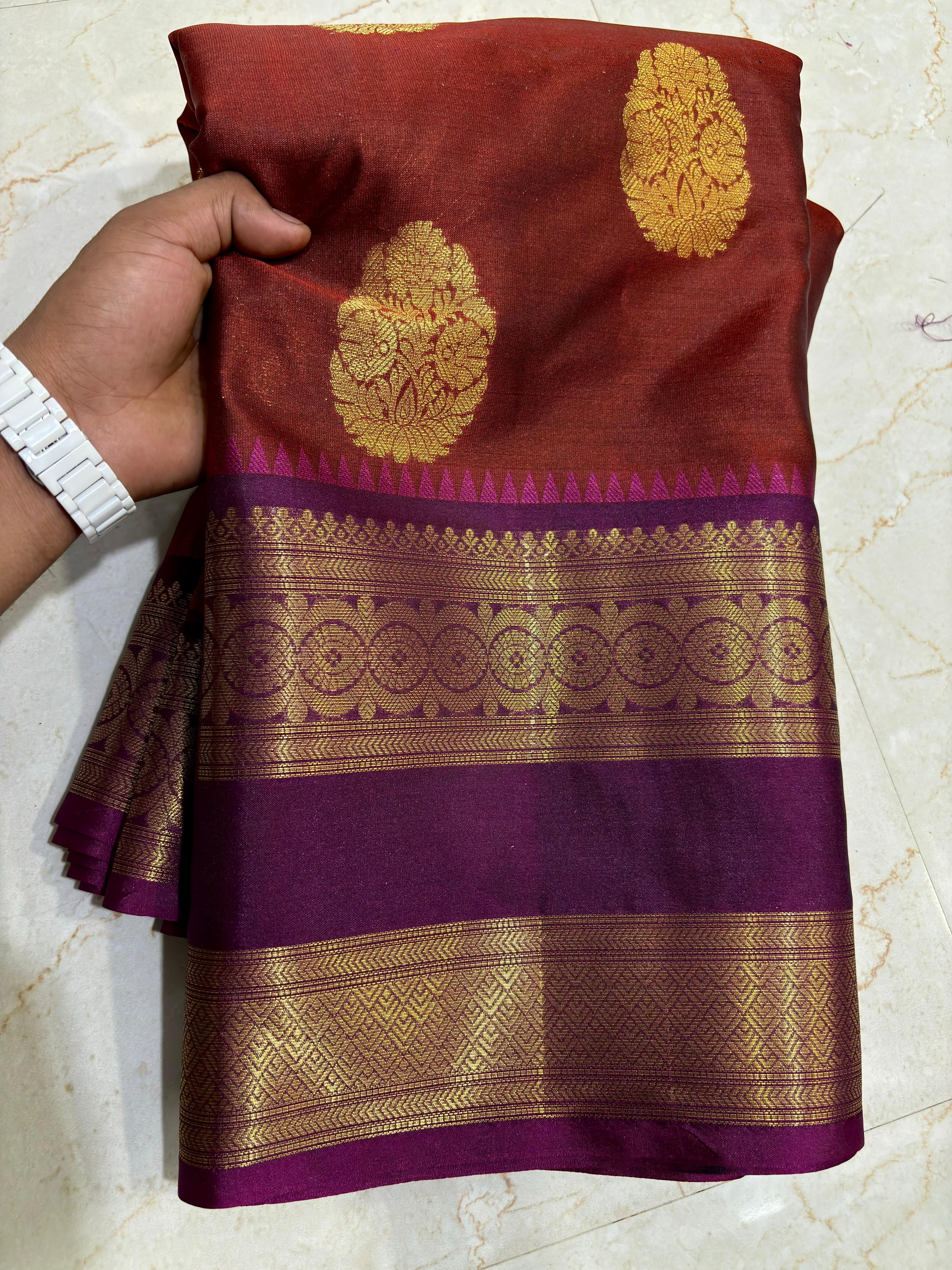 Royal Maroon Semi Katan Silk Banarasi Saree with Purple Border & Rich Zari Buti | Wedding Wear