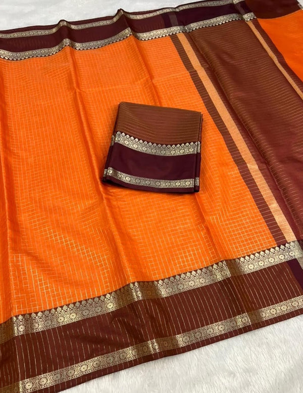 Vibrant Orange Semi Katan Silk Banarasi Saree with Maroon Border & Elegant Zari Work