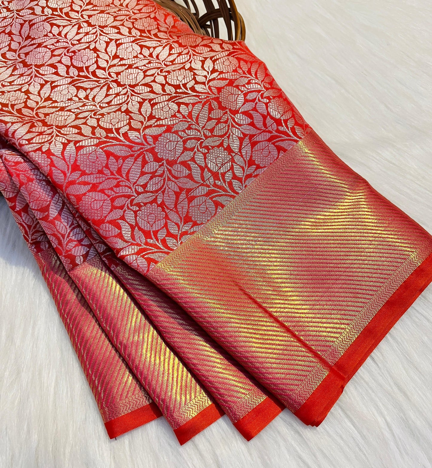 Graceful Red Banarasi Semi Katan Silk Saree with Silver Zari