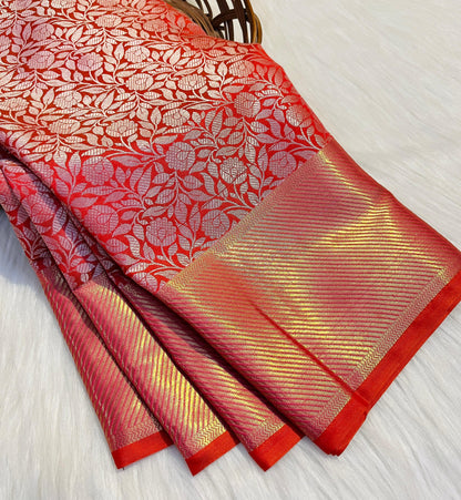 Graceful Red Banarasi Semi Katan Silk Saree with Silver Zari