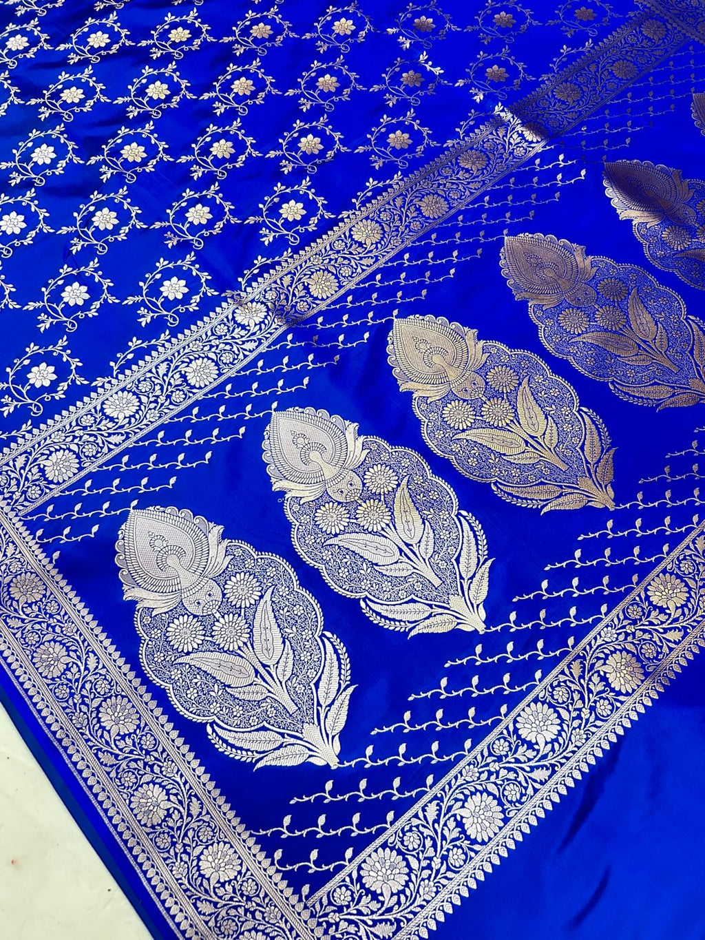 Royal Elegant Blue Mashroo Katan Silk Saree with Silver Zari Floral Jaal & Rich Border