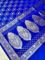 Royal Elegant Blue Mashroo Katan Silk Saree with Silver Zari Floral Jaal & Rich Border