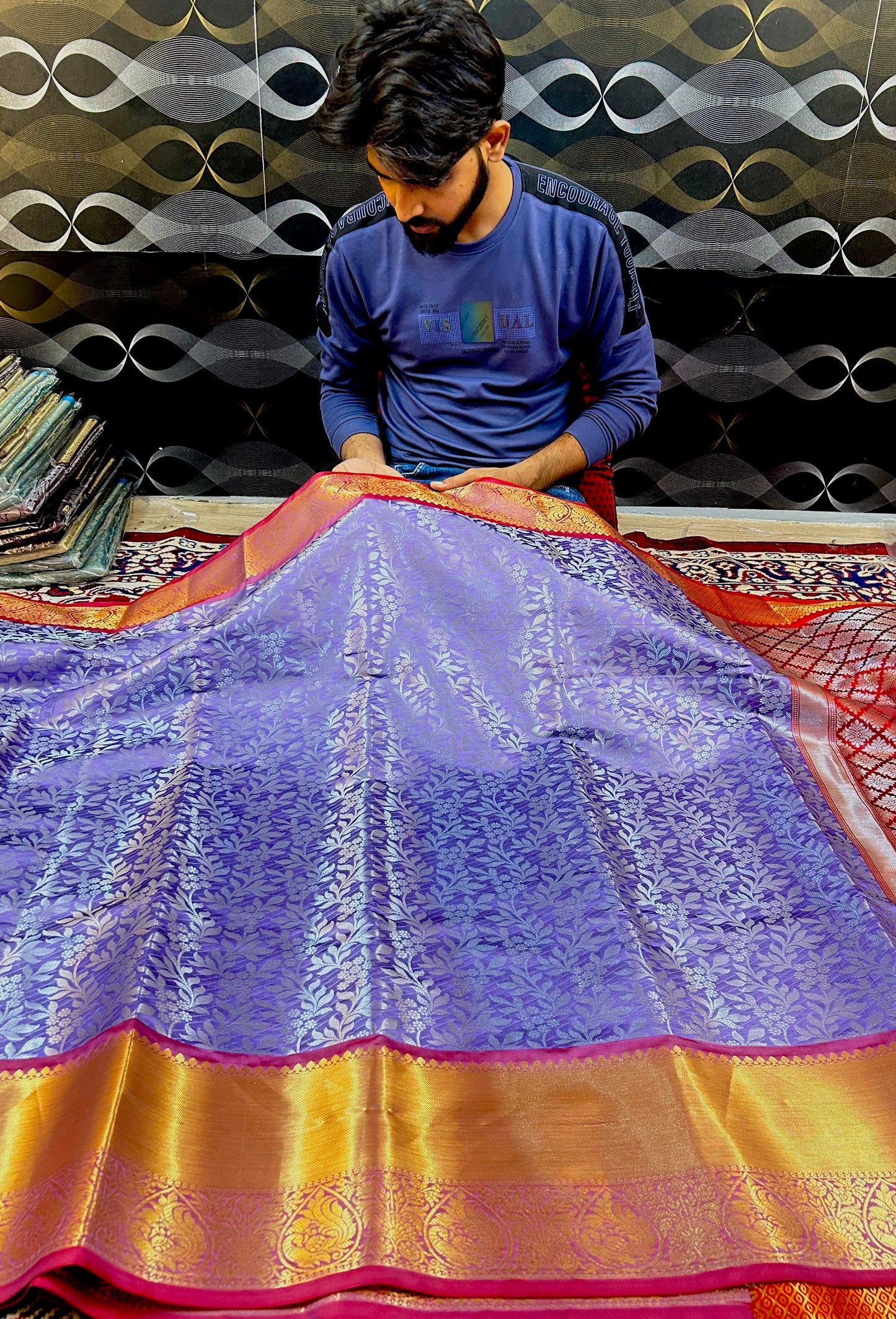 Exclusive Royal Blue & Red Banarasi Semi Silk Saree with Grand Golden Pallu