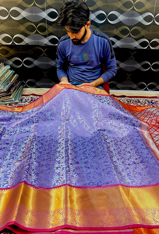 Exclusive Royal Blue & Red Banarasi Semi Silk Saree with Grand Golden Pallu