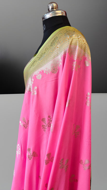 Handwoven Banarasi Katan Silk Saree – Pink with Gold Zari & Olive Border