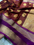 Royal Maroon Semi Katan Silk Banarasi Saree with Purple Border & Rich Zari Buti | Wedding Wear