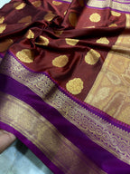Royal Maroon Semi Katan Silk Banarasi Saree with Purple Border & Rich Zari Buti | Wedding Wear