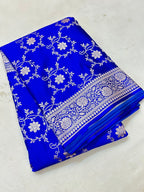Royal Elegant Blue Mashroo Katan Silk Saree with Silver Zari Floral Jaal & Rich Border