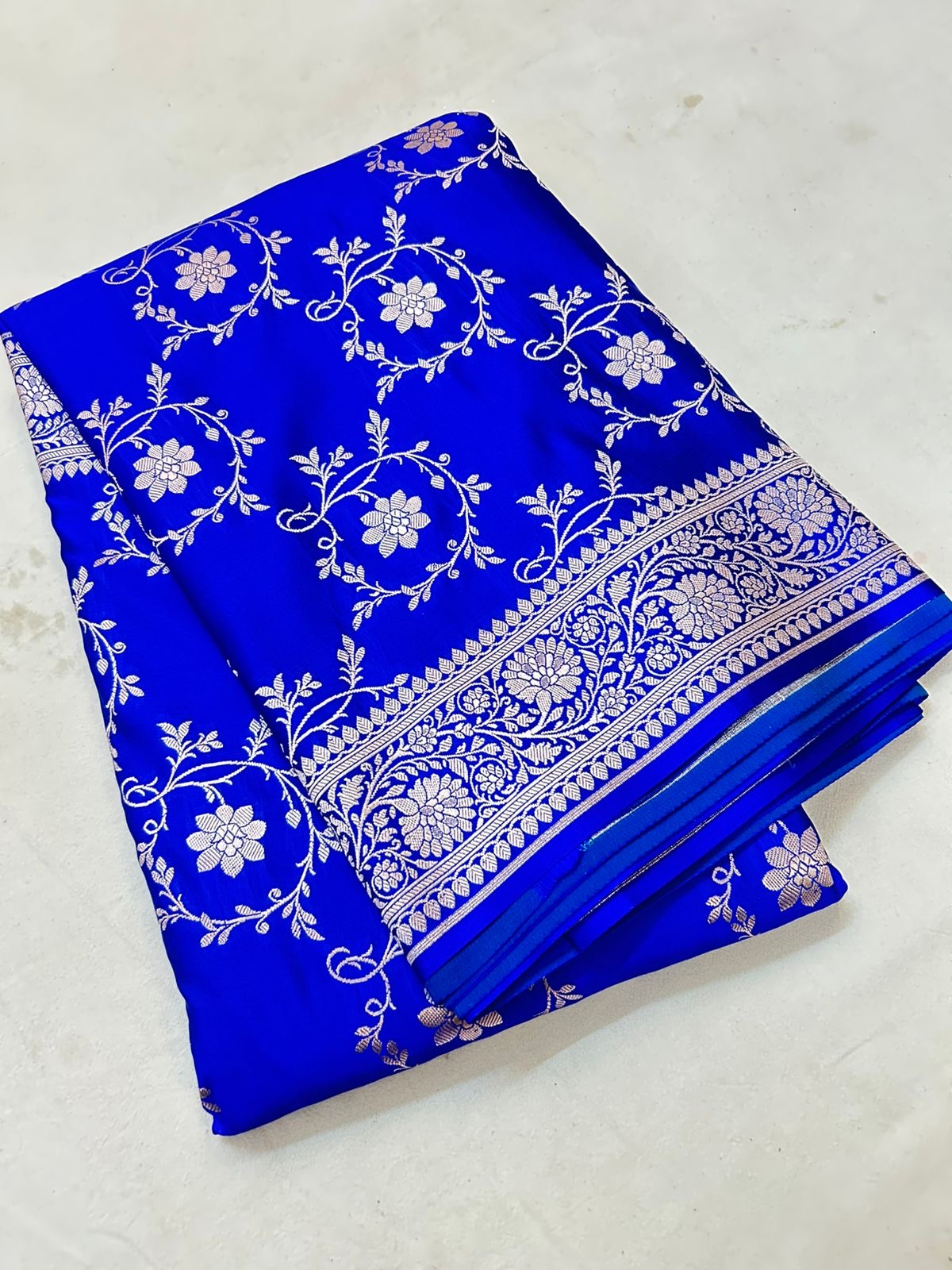Royal Elegant Blue Mashroo Katan Silk Saree with Silver Zari Floral Jaal & Rich Border
