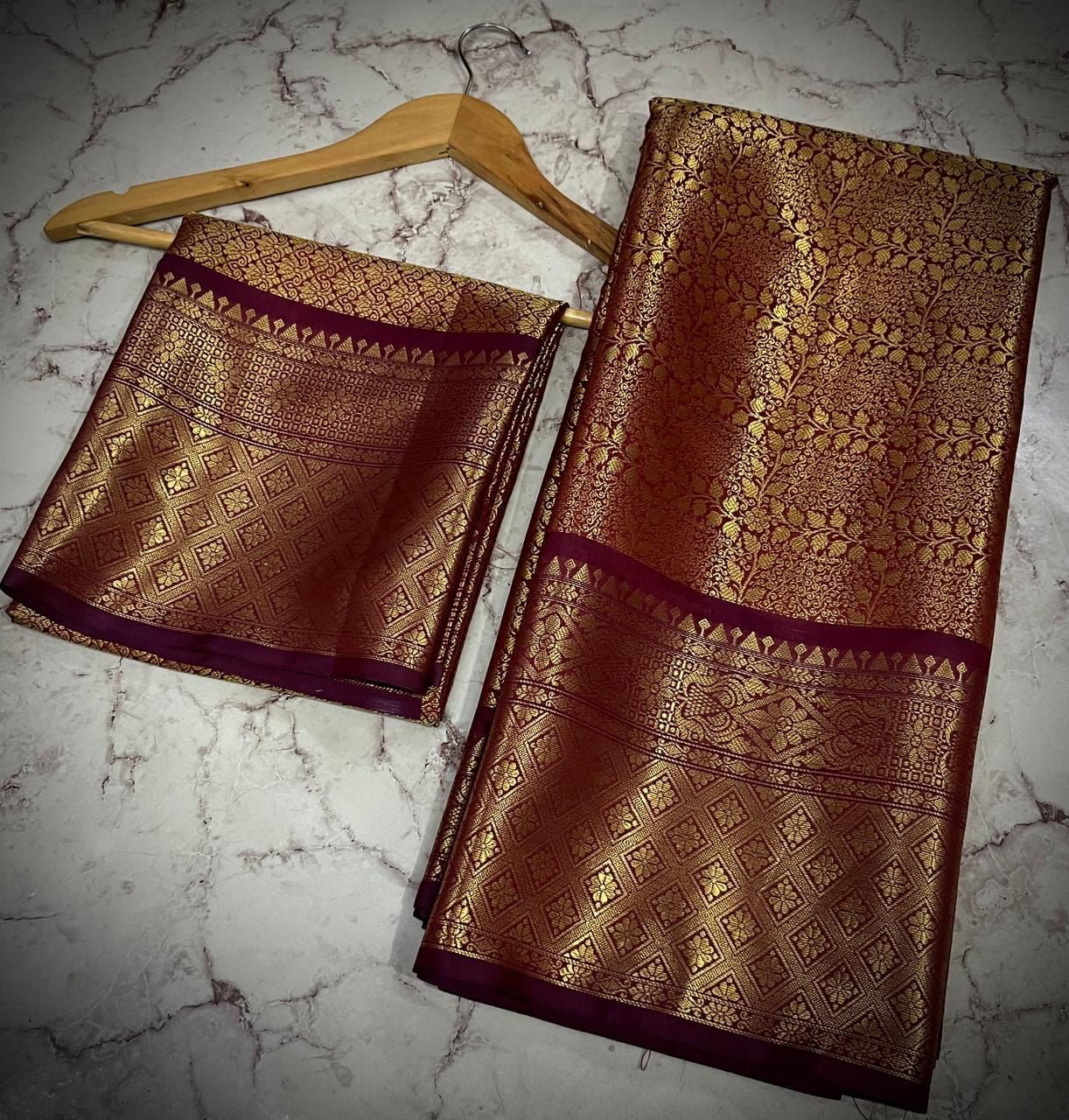 Elegant Copper Gold Banarasi Katan Silk Saree with Rich Zari Weaving & Brocade Blouse Piece