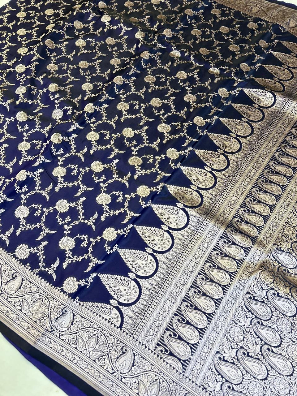 Royal Navy Blue Mashroo Katan Banarasi Silk Saree with Rich Silver Zari Floral Jaal & Grand Paisley Border