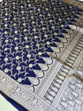 Royal Navy Blue Mashroo Katan Banarasi Silk Saree with Rich Silver Zari Floral Jaal & Grand Paisley Border