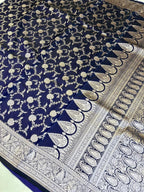 Royal Navy Blue Mashroo Katan Banarasi Silk Saree with Rich Silver Zari Floral Jaal & Grand Paisley Border