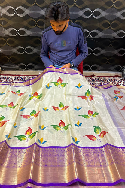 🌸"Radiant Bloom" – Banarasi Premium Hand Brush Tissue Saree