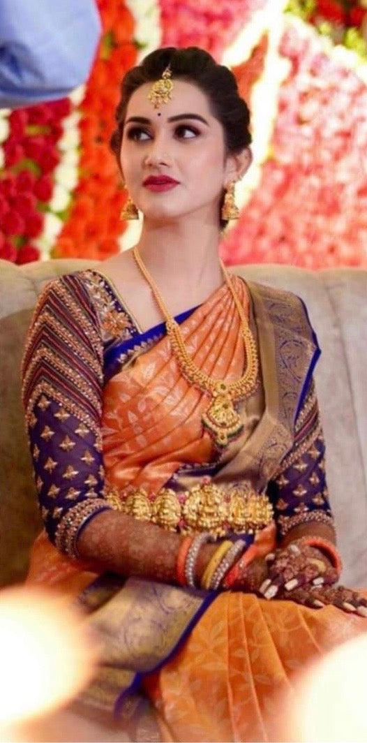 Elegant Orange & Blue Semi Katan Silk Banarasi Saree with Golden Zari