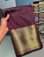 Elegant Maroon Semi Katan Silk Banarasi Saree with Subtle Check Weaving & Golden Border