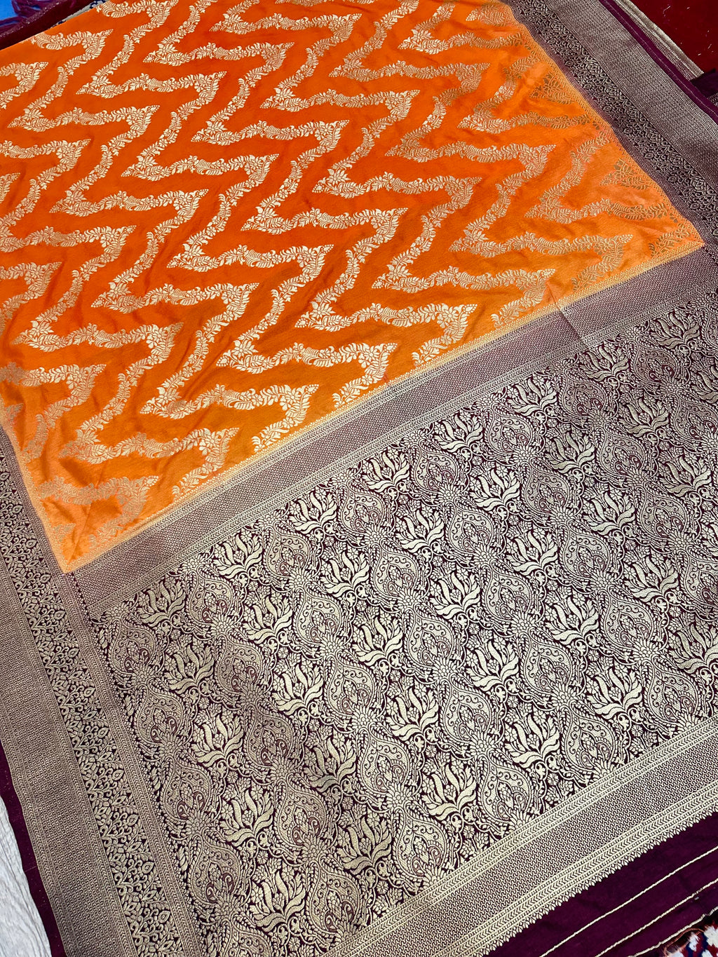Elegant Warm Silk Banarasi Saree – Kesari Orange with Rich Maroon Zari Border