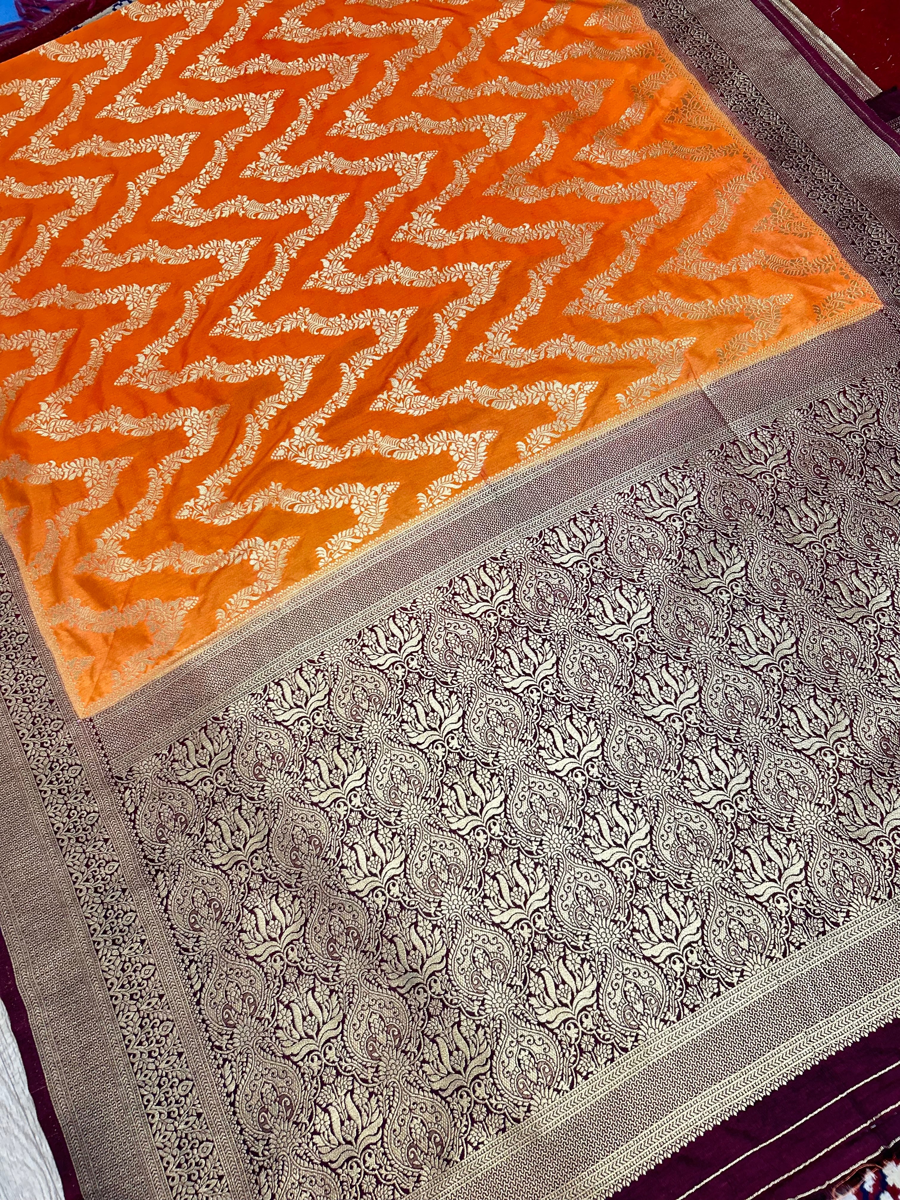 Elegant Warm Silk Banarasi Saree – Kesari Orange with Rich Maroon Zari Border
