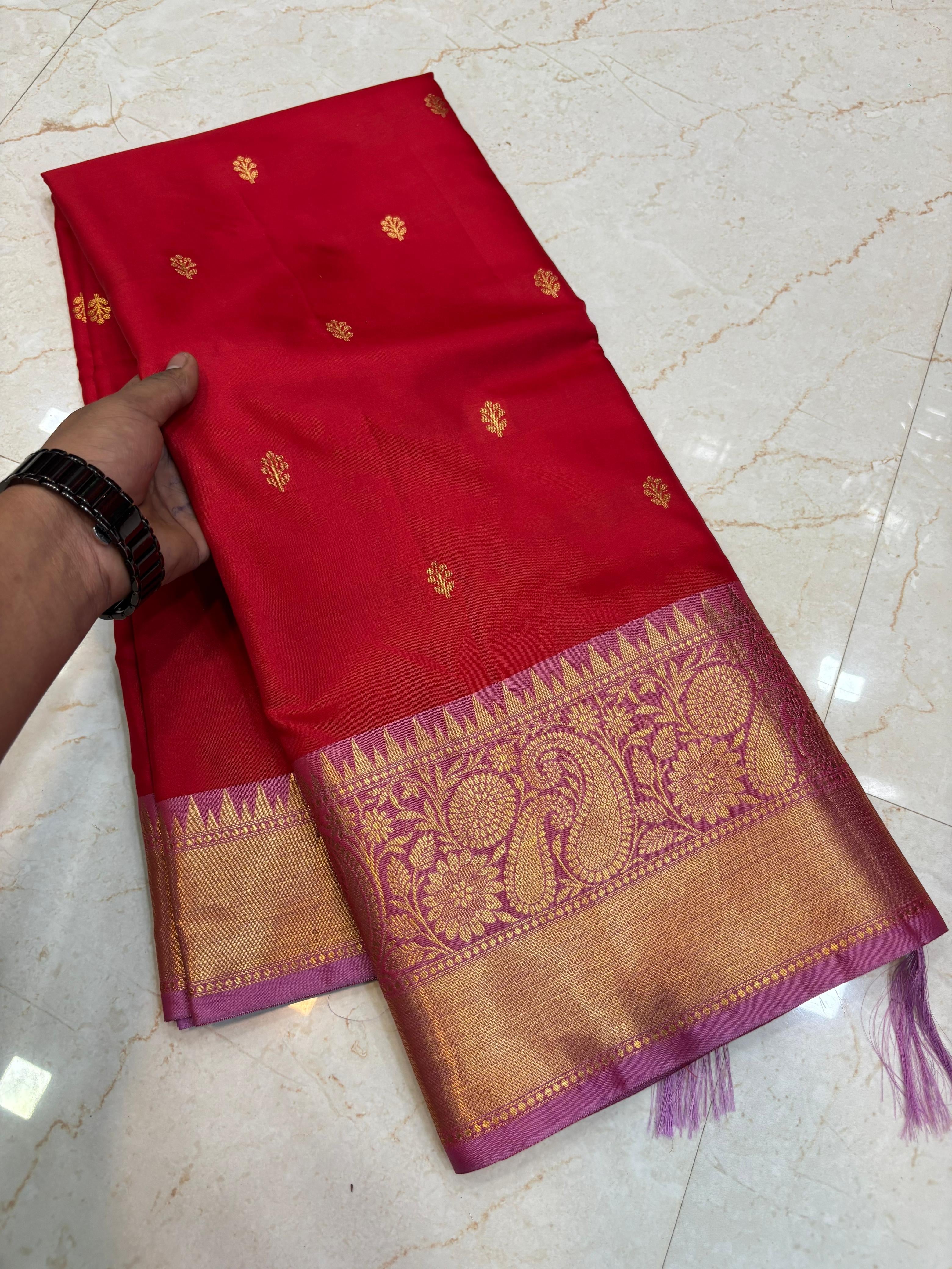 Elegant Red Katan Silk Banarasi Saree with Rich Meenakari Border