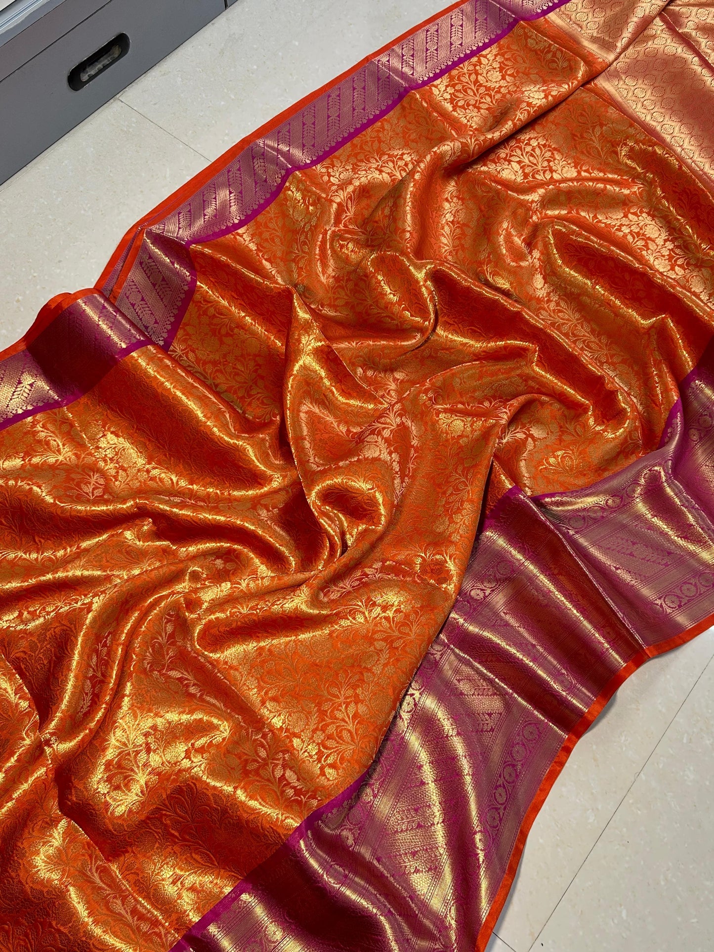 Premium Banarasi Katan Semi Silk Saree – Orange with Pink Zari Border | Bridal & Festive Wear