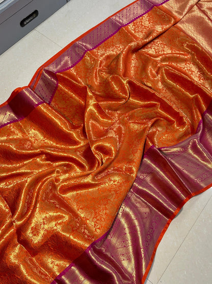Premium Banarasi Katan Semi Silk Saree – Orange with Pink Zari Border | Bridal & Festive Wear