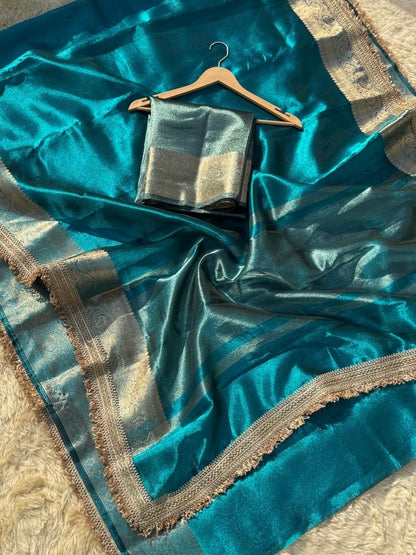 Teal Blue Banarasi Tissue Silk Saree with Zari Border With Attach Lace Work