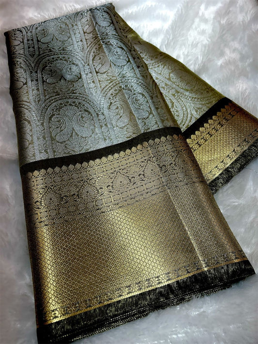 Silver Tissue Banarasi Saree with Golden Zari Border