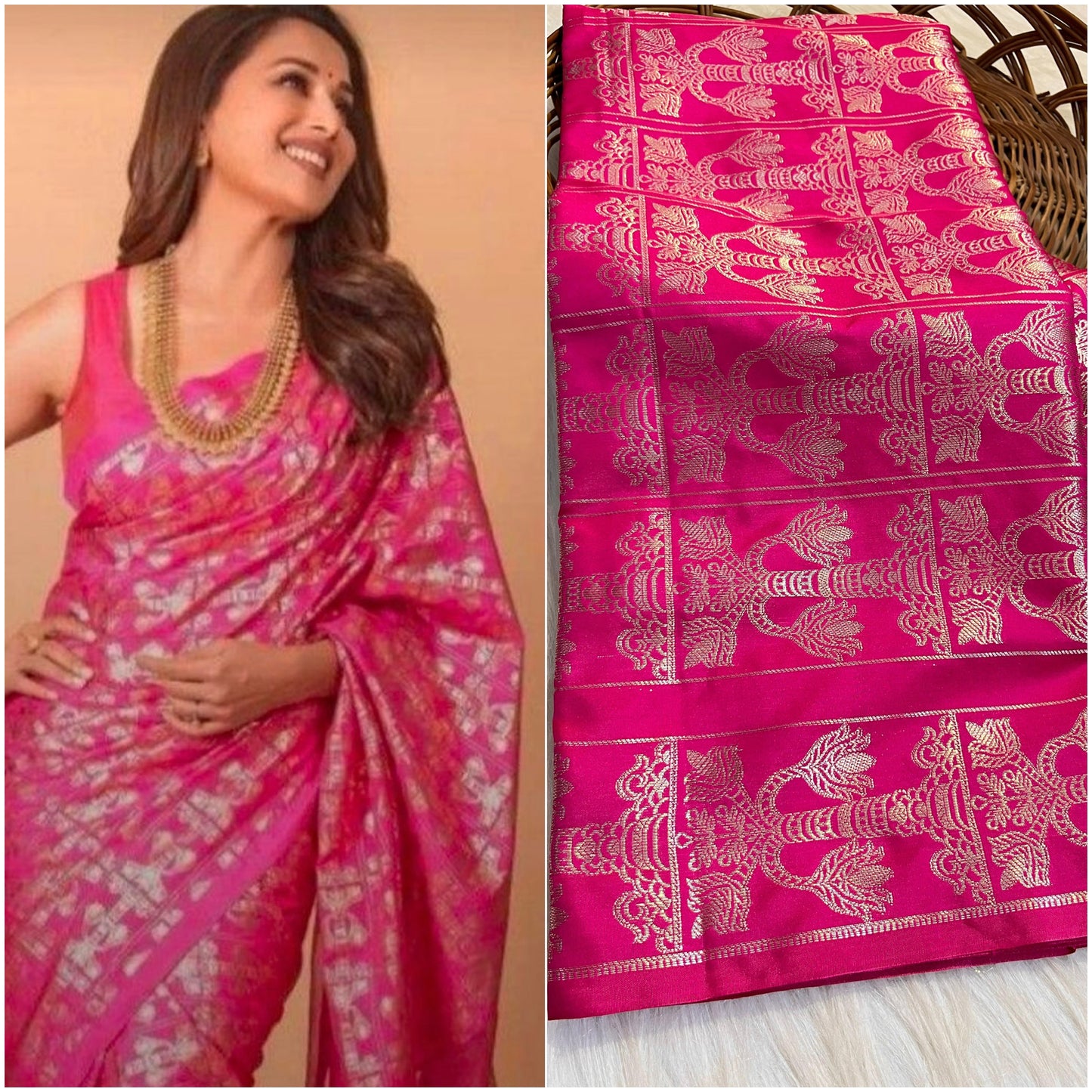 Pink Banarasi Katan Semi Silk Saree with Golden Zari Weaving
