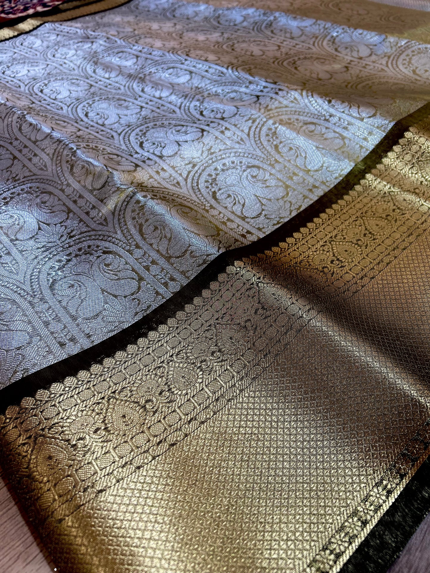 Silver Tissue Banarasi Saree with Golden Zari Border
