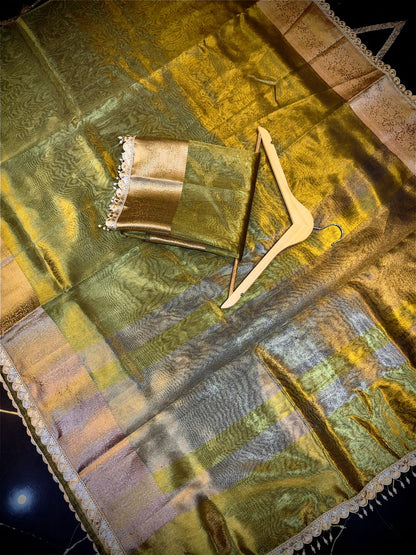 Exclusive Mustard Gold Tissue Attach Lace Work Saree