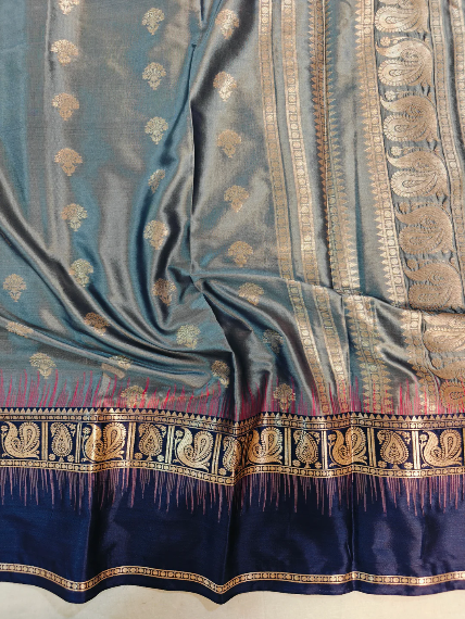 Premium Steel Grey Paisley Zari Banarasi Katan Silk Saree with Royal Blue Border