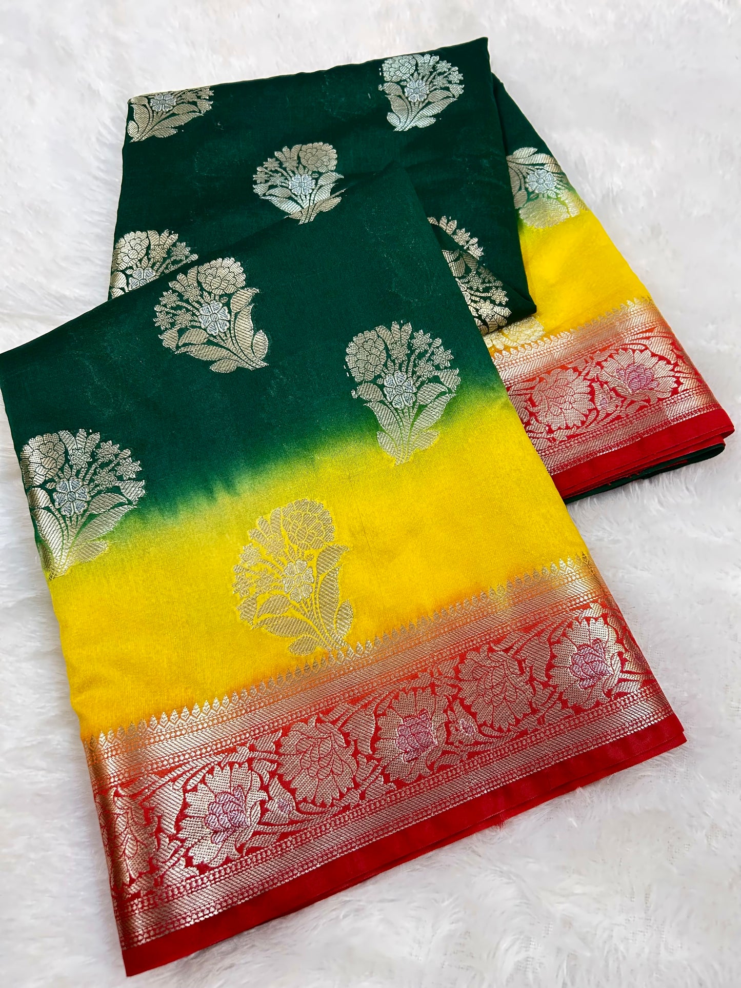 Vibrant Green-Yellow Katan Silk Saree with Red Zari Border
