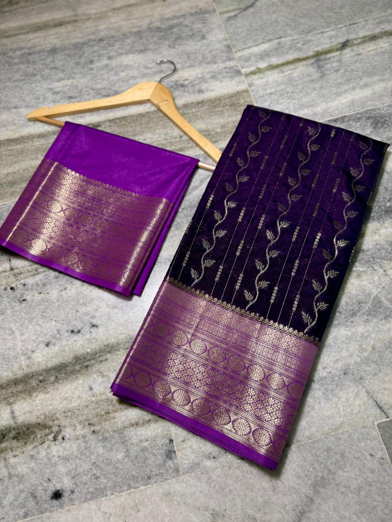 Elegant Royal Purple Chiniya Silk Saree with Rich Zari Border & Brocade Blouse Piece | Banarasi Party Wear Saree