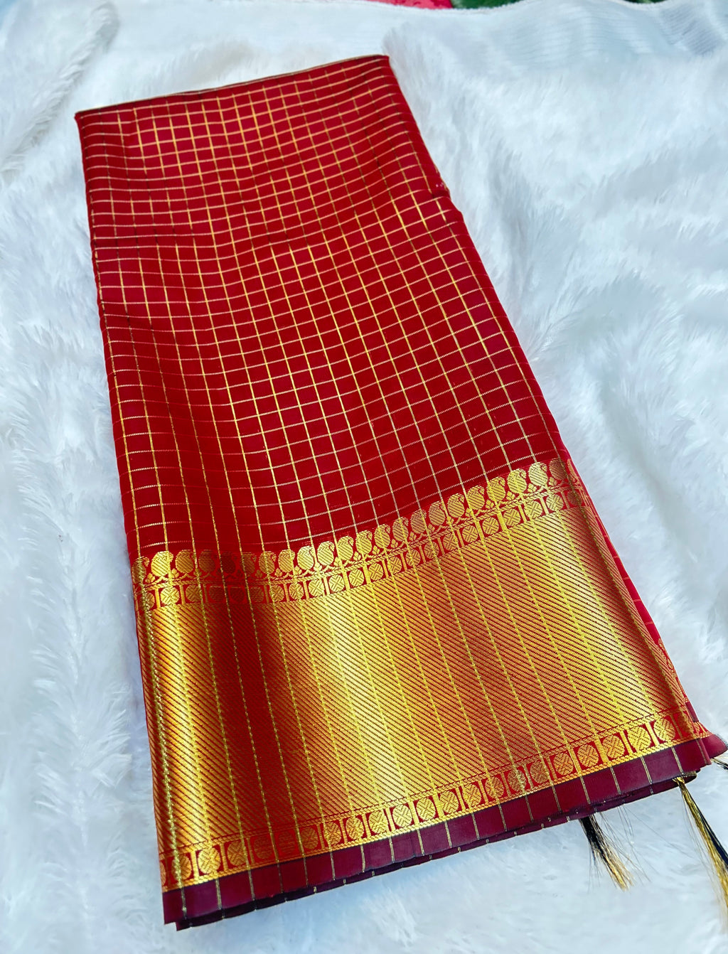 Elegant Red Semi Katan Silk Banarasi Saree with Rich Golden Zari Border | Bridal & Festive Wear
