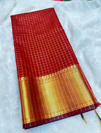 Elegant Red Semi Katan Silk Banarasi Saree with Rich Golden Zari Border | Bridal & Festive Wear
