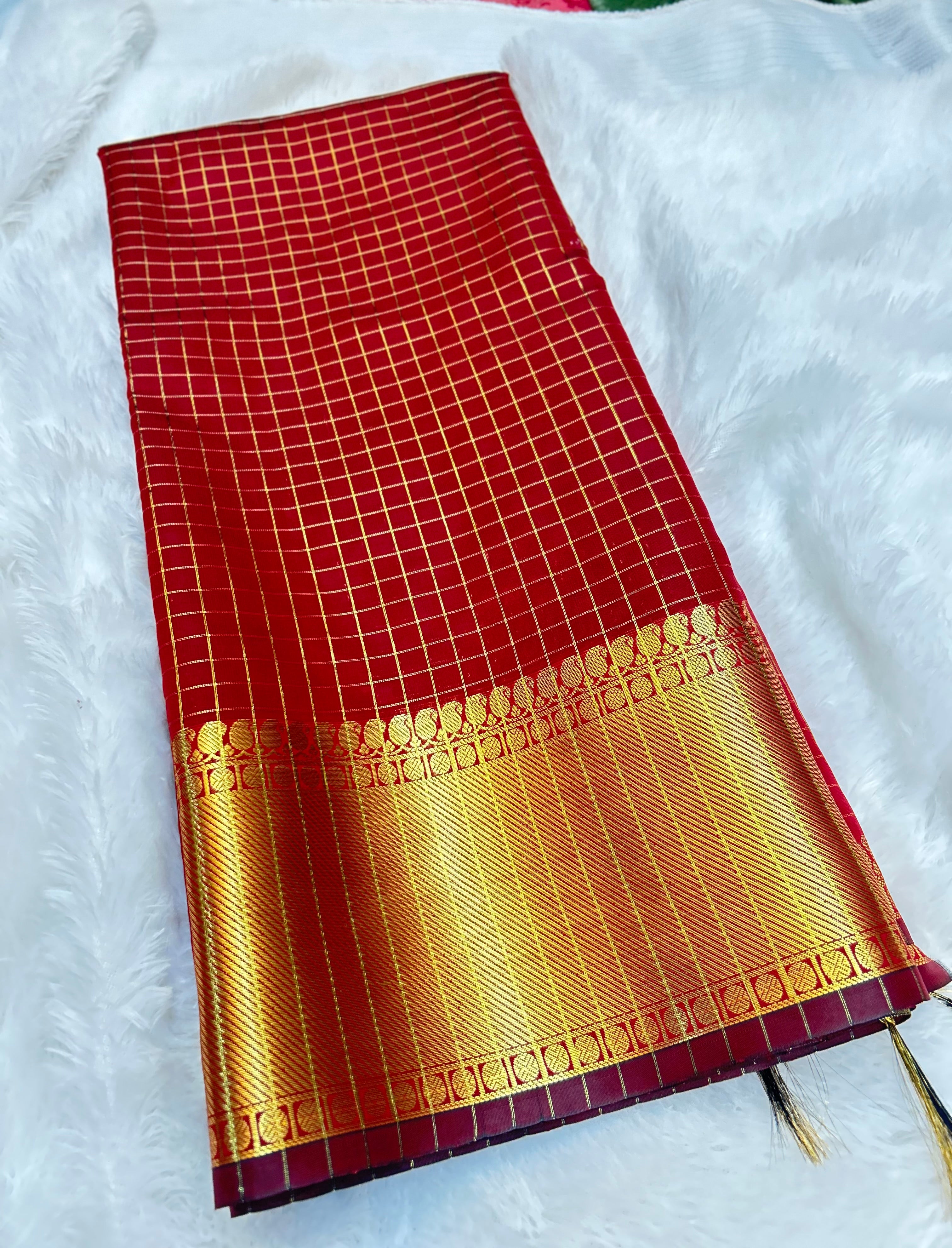 Elegant Red Semi Katan Silk Banarasi Saree with Rich Golden Zari Border | Bridal & Festive Wear