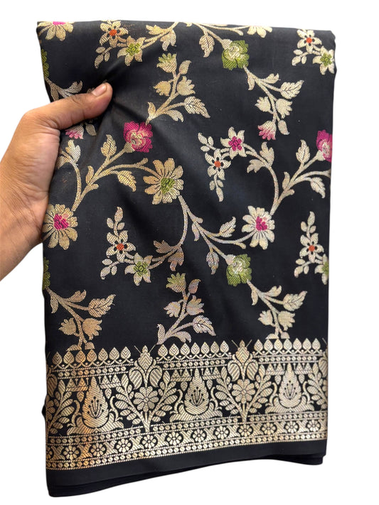 Elegant Black Floral Jaal Katan Semi Silk Banarasi Saree