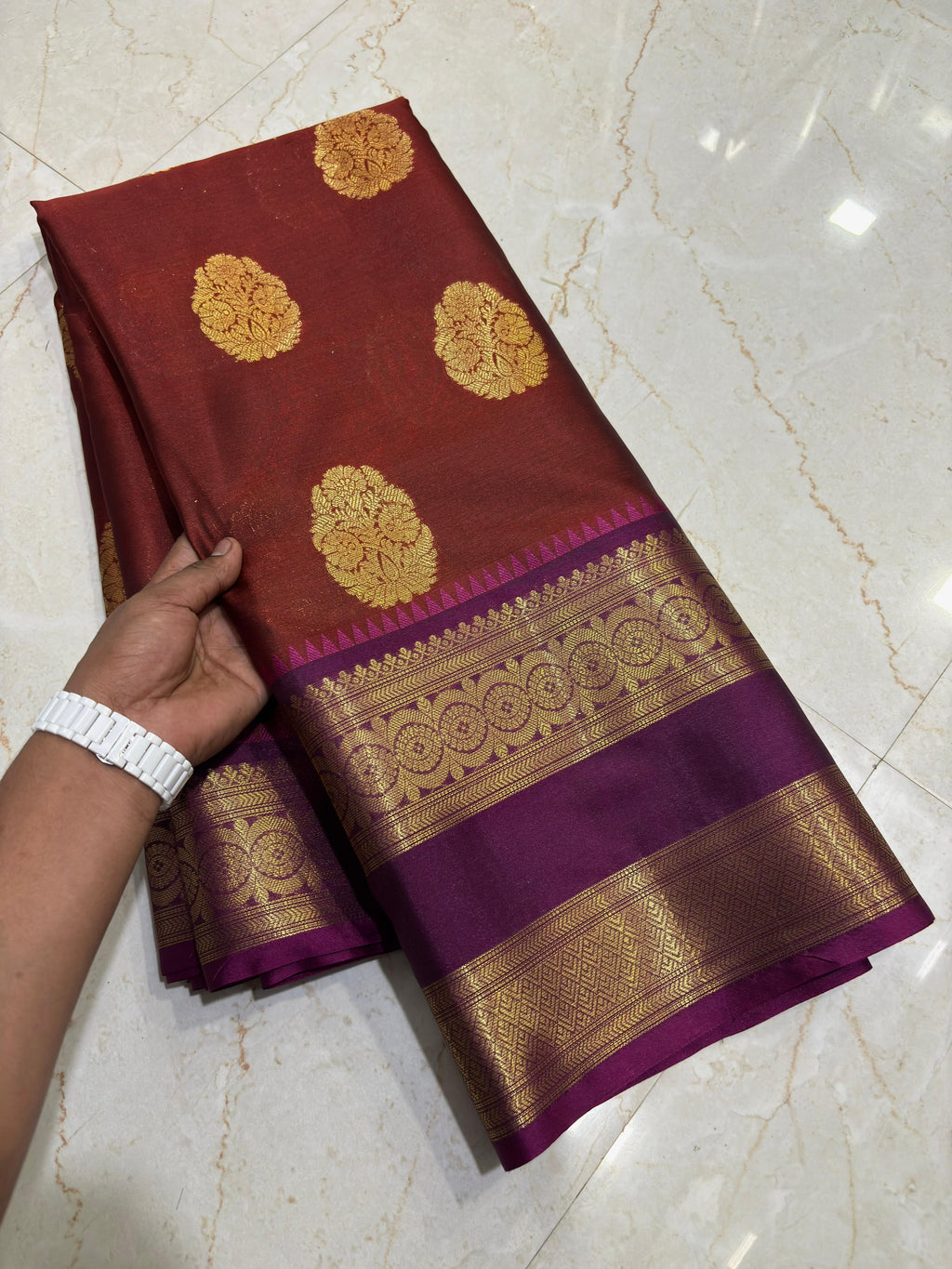 Royal Maroon Semi Katan Silk Banarasi Saree with Purple Border & Rich Zari Buti | Wedding Wear