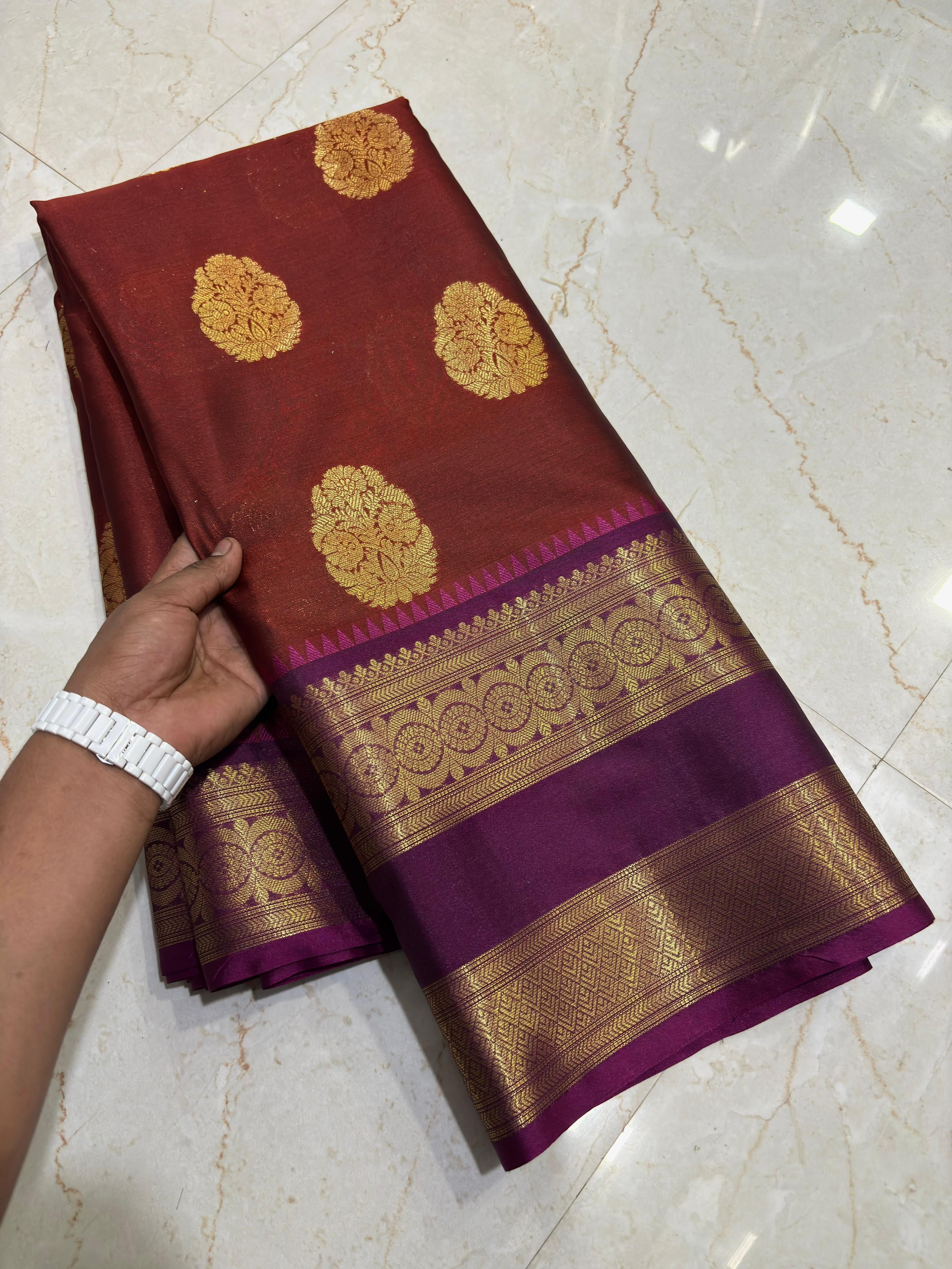 Royal Maroon Semi Katan Silk Banarasi Saree with Purple Border & Rich Zari Buti | Wedding Wear