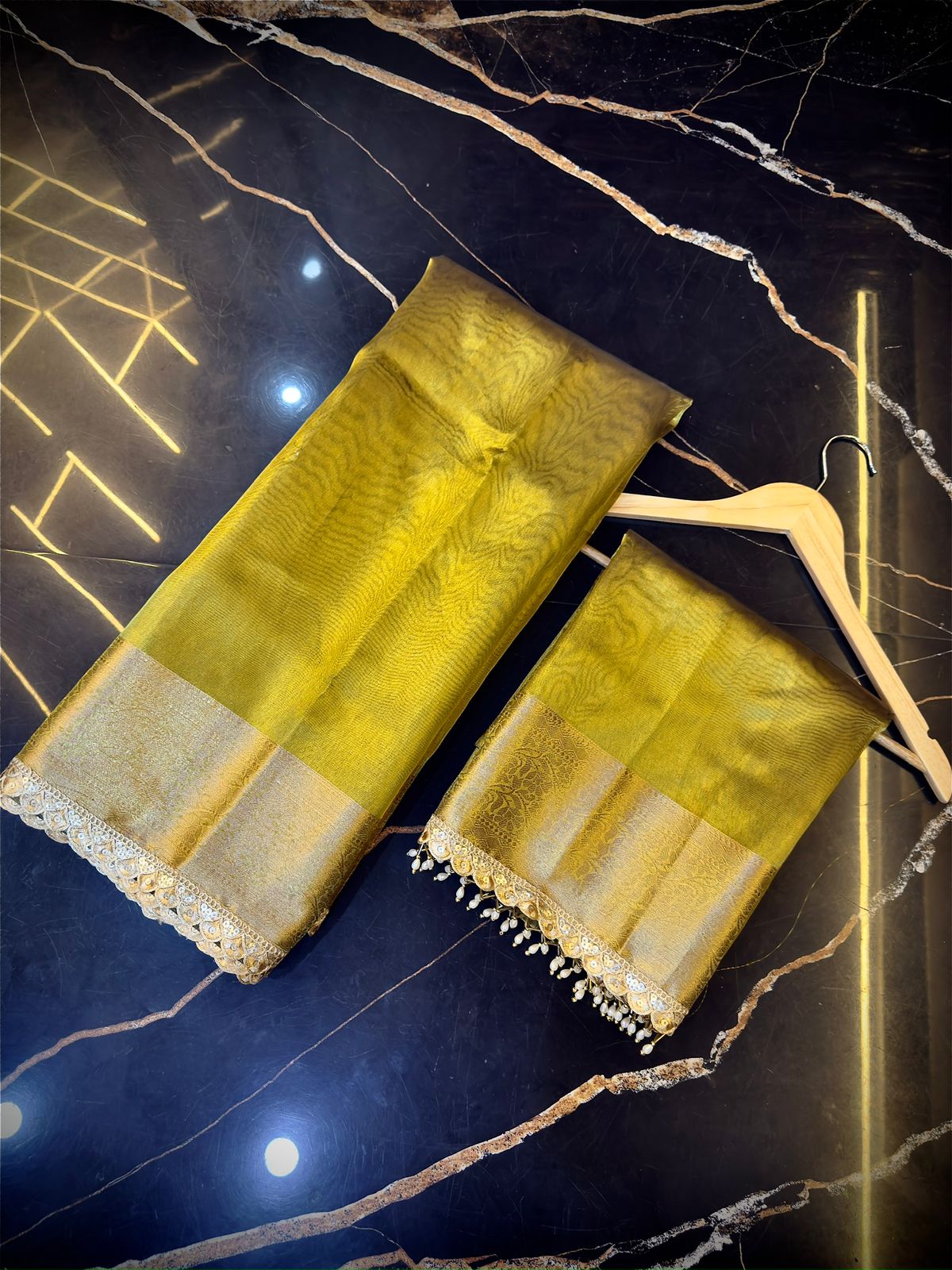 Exclusive Mustard Gold Tissue Attach Lace Work Saree