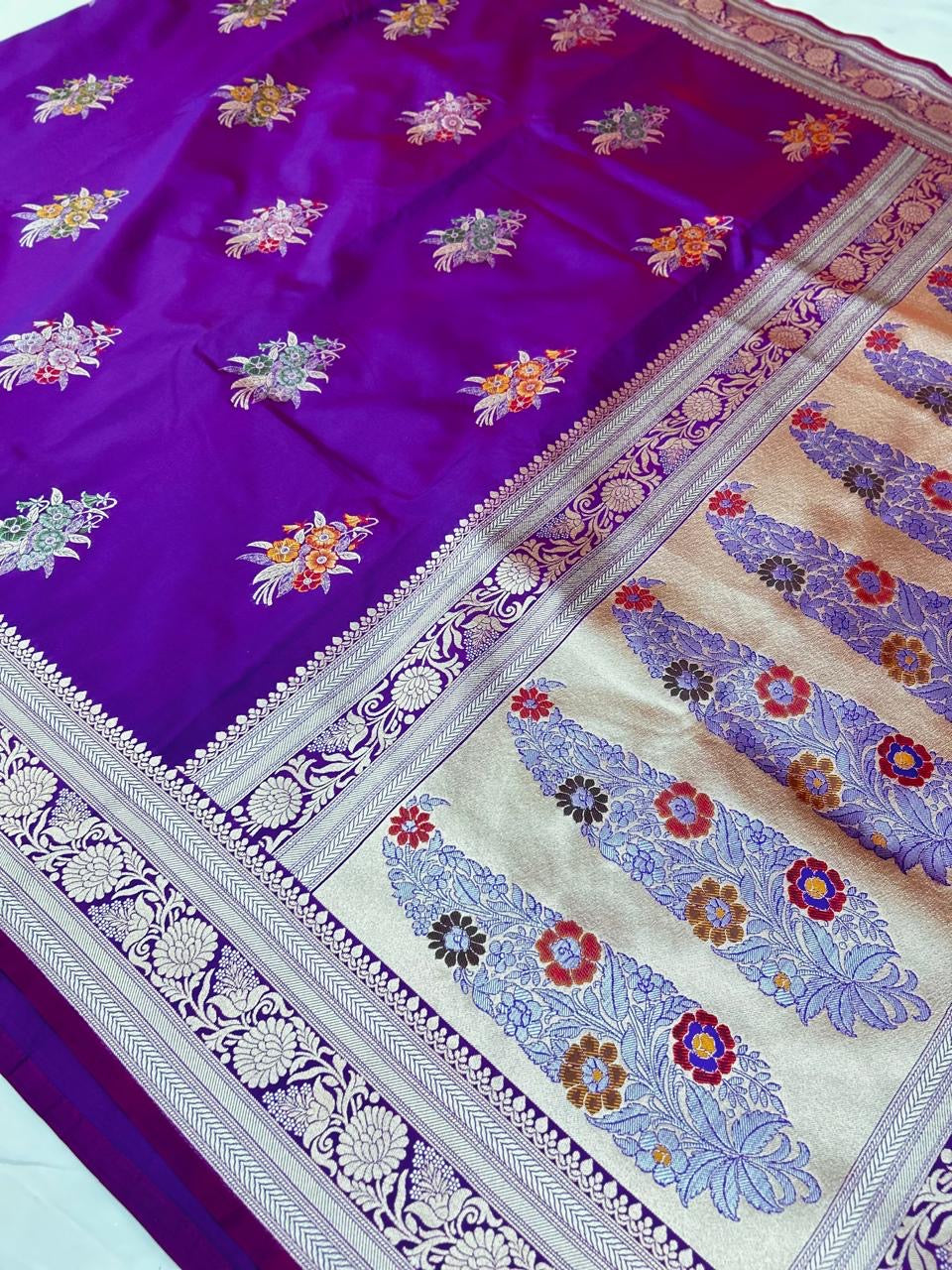 Elegant Royal Purple Mashroo Katan Banarasi Silk Saree with Multicolor Floral Zari & Designer Pallu